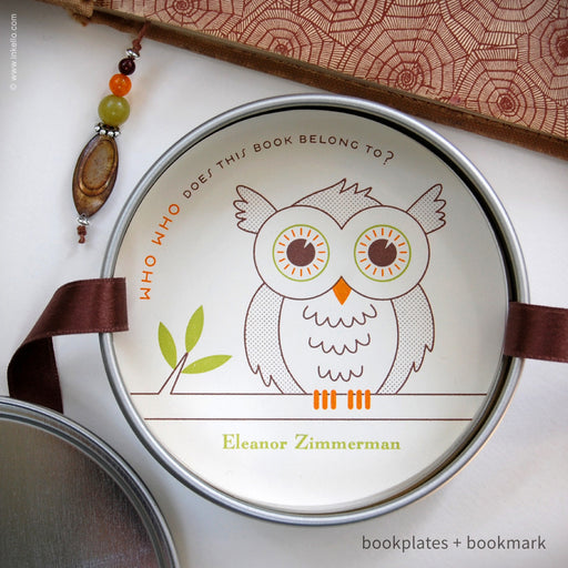 Owl Personalized Bookplates + Beaded Bookmark (#328) Bookplate - Inkello Letterpress