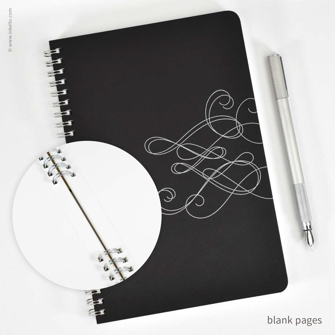 Swirl Spiral Notebook with Black Cover and Silver Ink (
