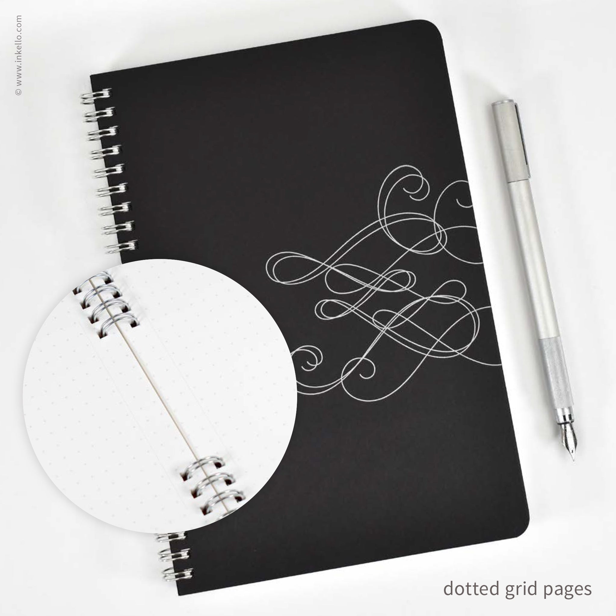 Swirl Spiral Notebook with Black Cover and Silver Ink (#457