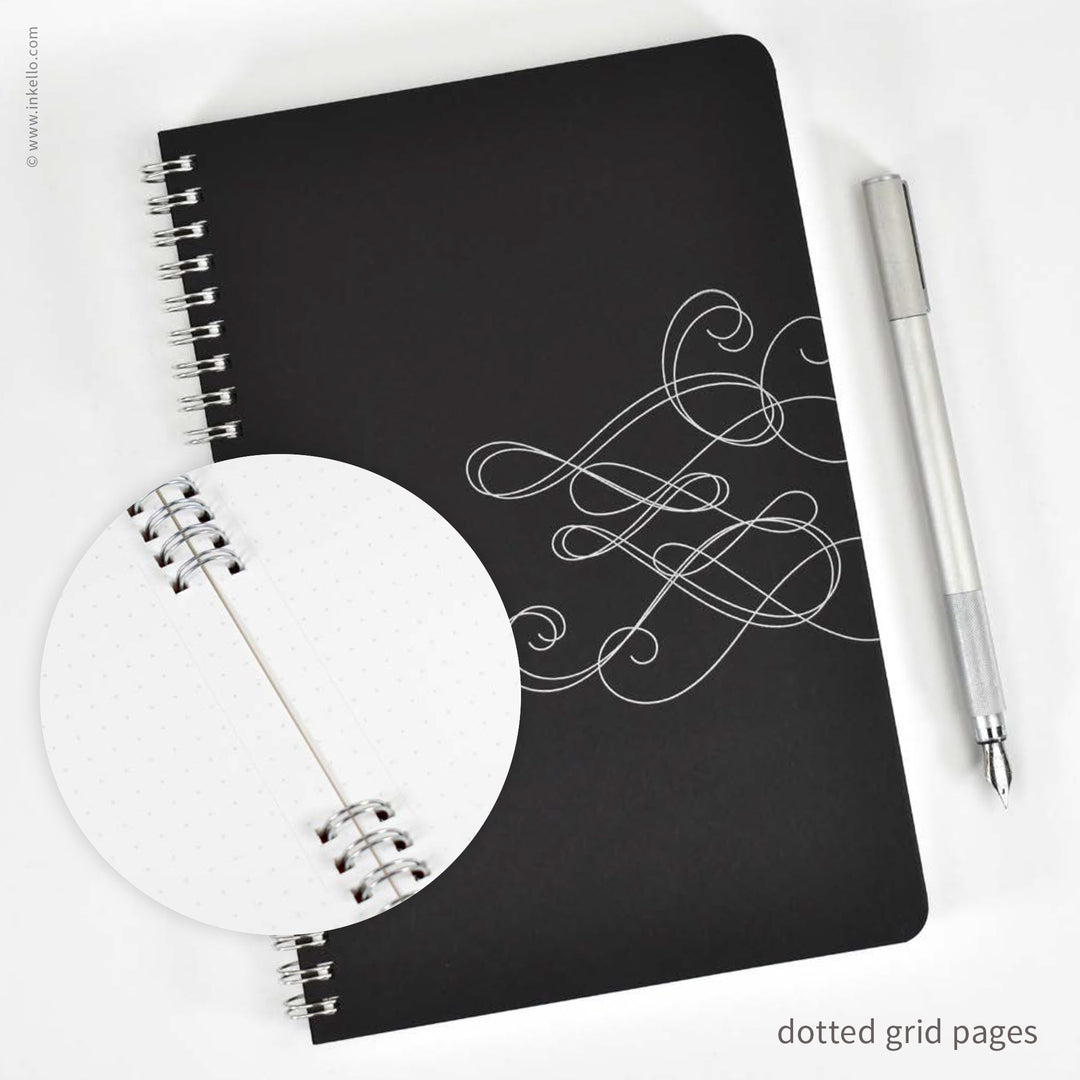 Swirl Spiral Notebook with Black Cover and Silver Ink (