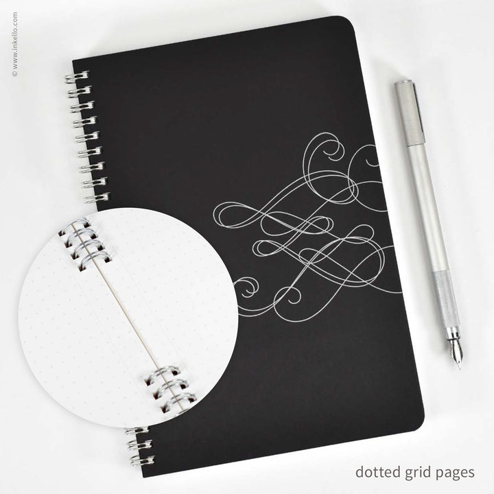 Swirl Spiral Notebook with Black Cover and Silver Ink (
