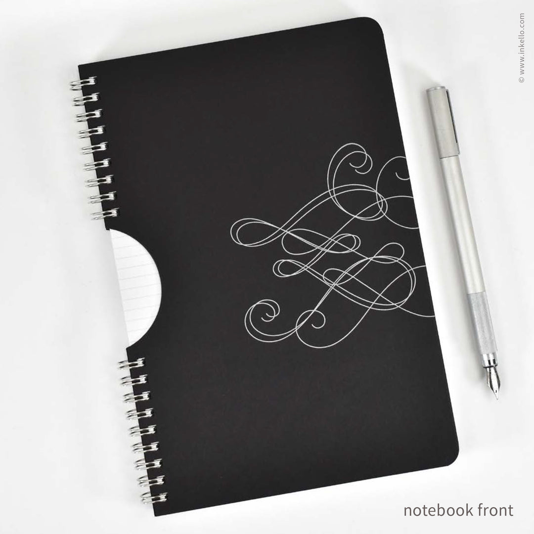 Swirl Spiral Notebook with Black Cover and Silver Ink (