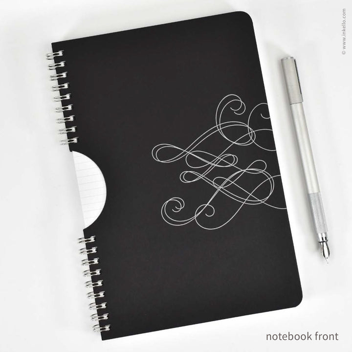 Swirl Spiral Notebook with Black Cover and Silver Ink (