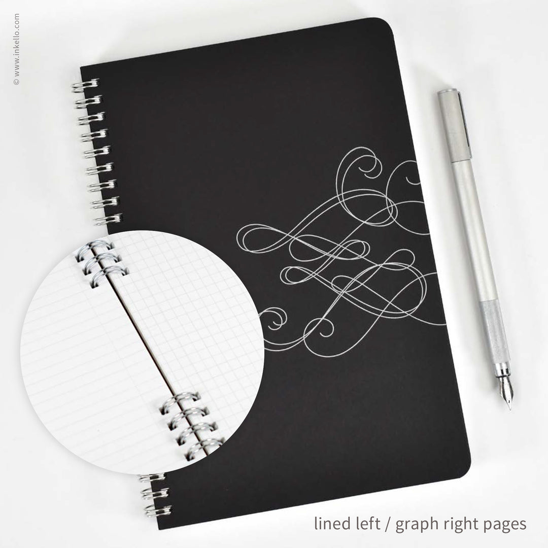 Swirl Spiral Notebook with Black Cover and Silver Ink (