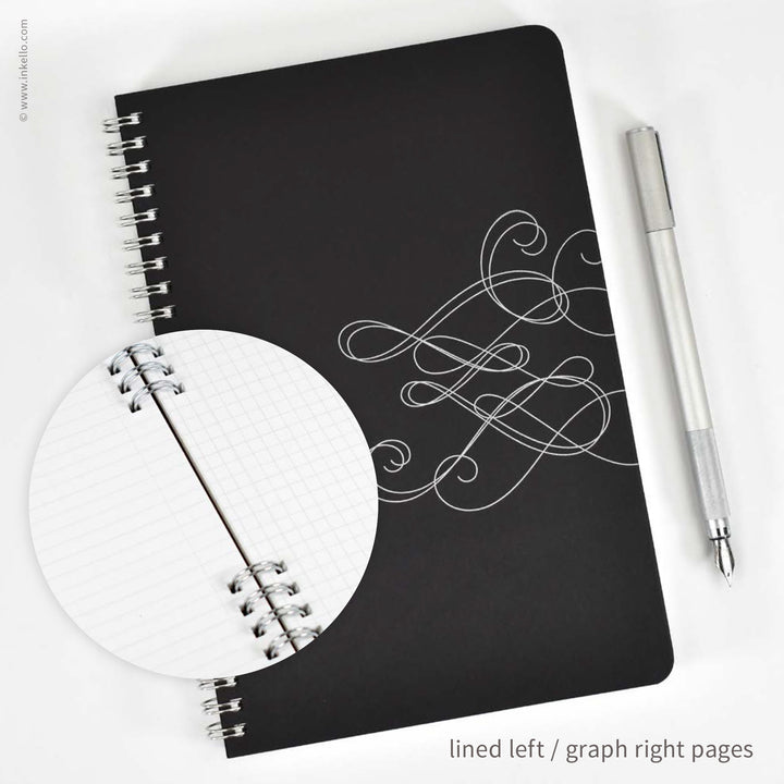 Swirl Spiral Notebook with Black Cover and Silver Ink (