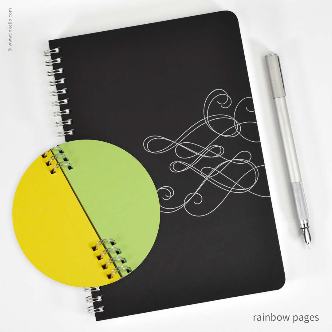 Swirl Spiral Notebook with Black Cover and Silver Ink (