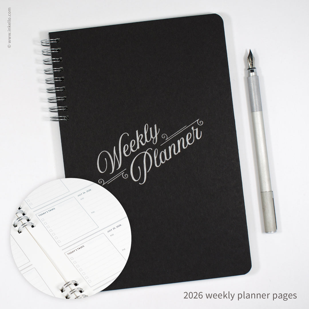 Weekly Planner with Black Cover and Silver Script Design (