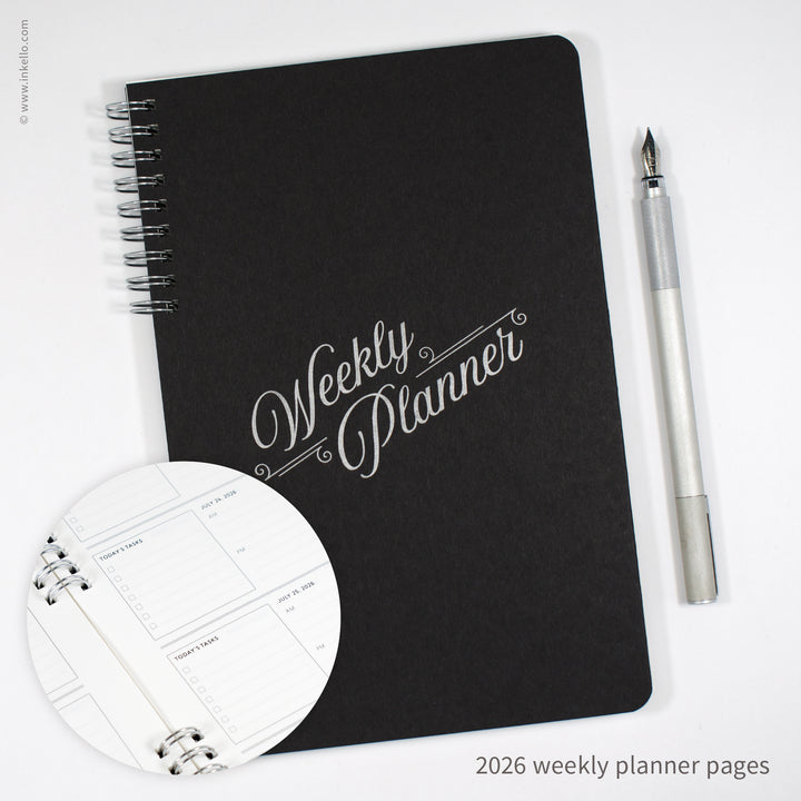 Weekly Planner with Black Cover and Silver Script Design (