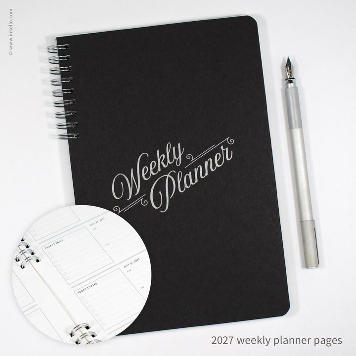 Weekly Planner with Black Cover and Silver Script Design (