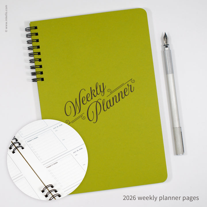 Weekly Planner with Chartreuse Cover and Black Script Design (