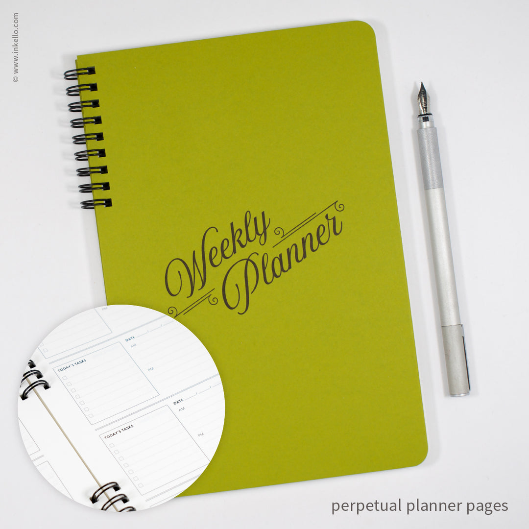 Weekly Planner with Chartreuse Cover and Black Script Design (