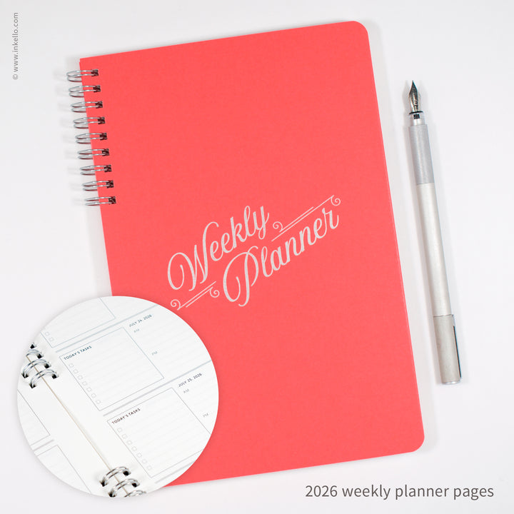 Weekly Planner with Coral Cover and Silver Script Design (