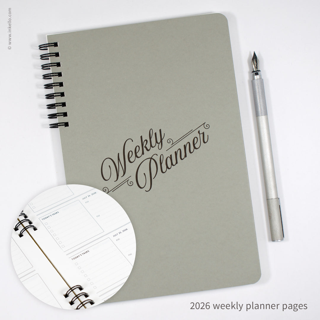 Weekly Planner with Grey Cover and Black Script Design (