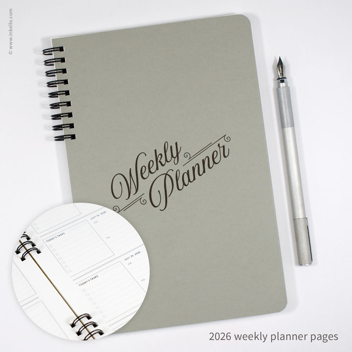 Weekly Planner with Grey Cover and Black Script Design (