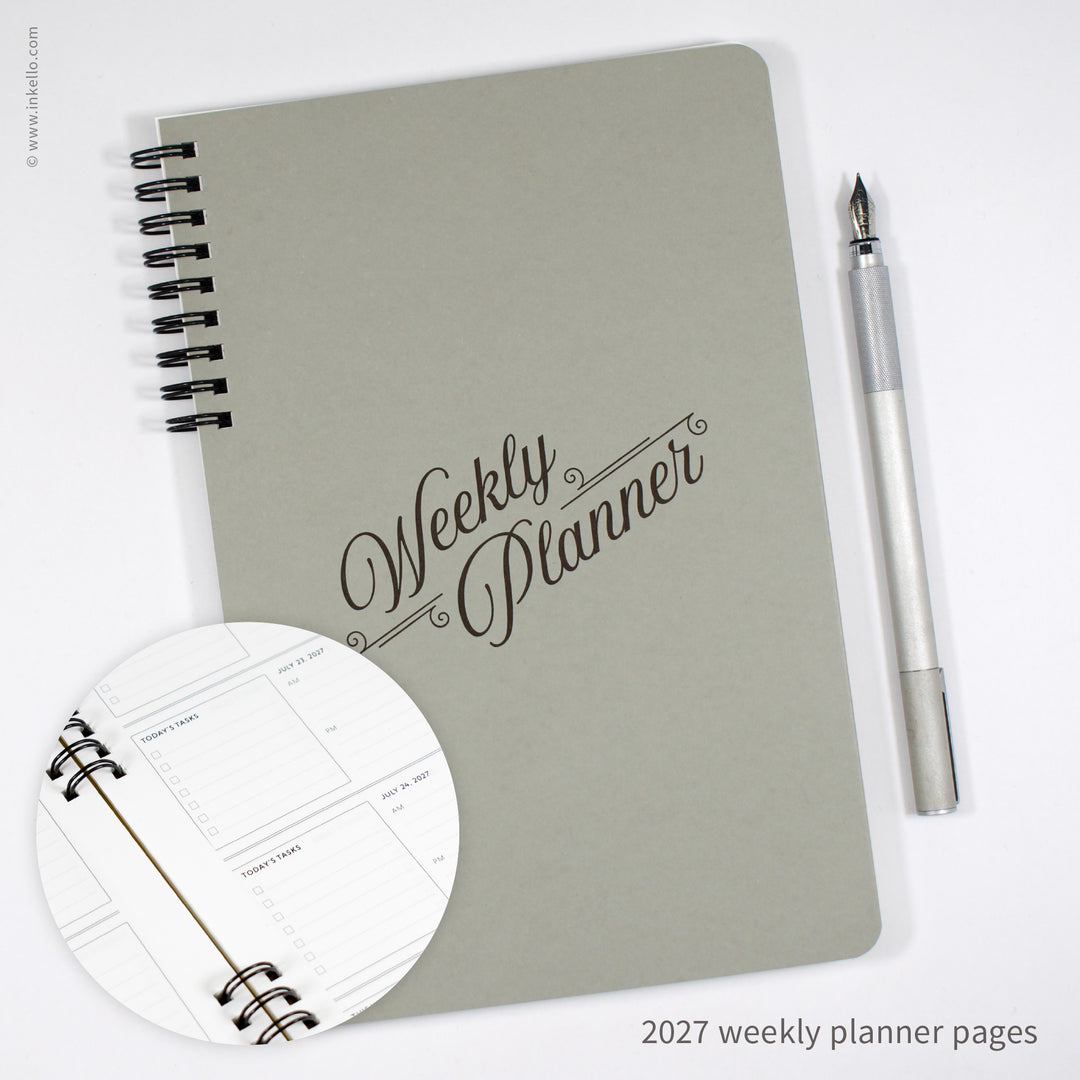 Weekly Planner with Grey Cover and Black Script Design (