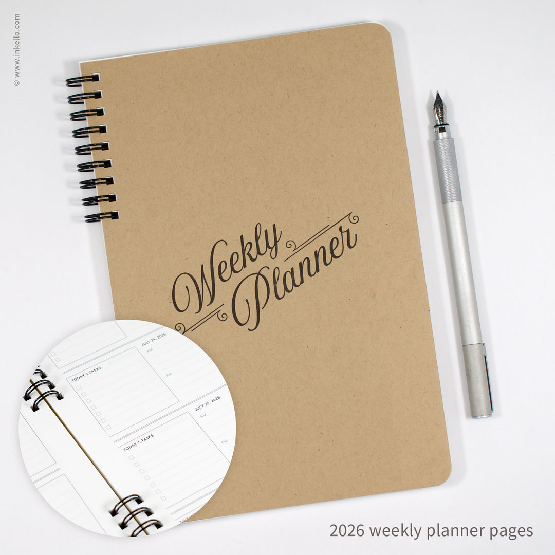 Weekly Planner with Kraft Cover and Black Script Design (
