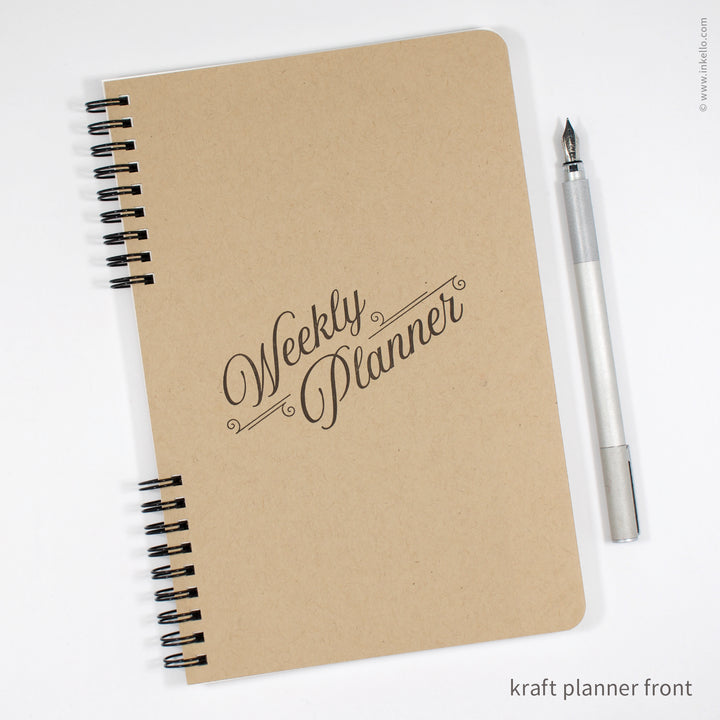 Weekly Planner with Kraft Cover and Black Script Design (