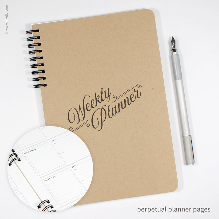Weekly Planner with Kraft Cover and Black Script Design (