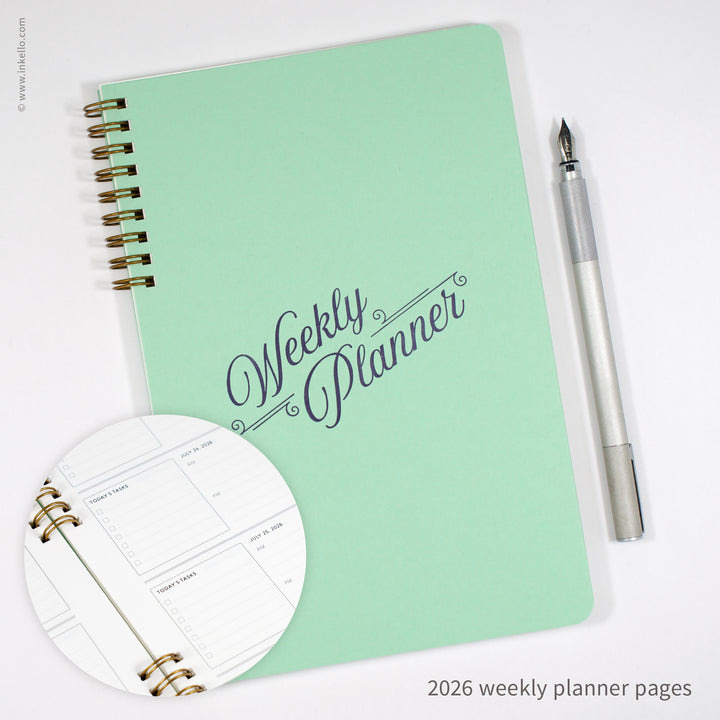 Weekly Planner with Mint Cover and Navy Script Design (