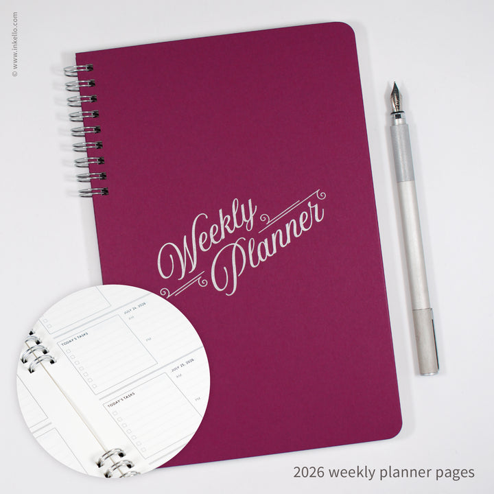 Weekly Planner with Mulberry Cover and Silver Script Design (