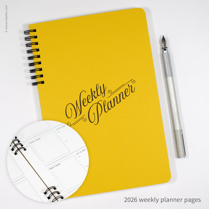 Weekly Planner with Mustard Cover and Black Script Design (