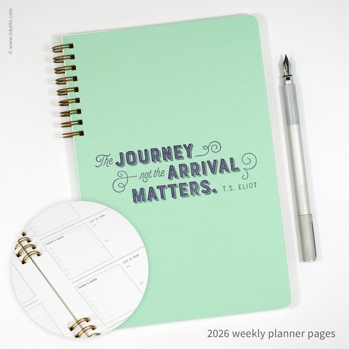 Weekly Planner with Mint Cover and T.S. Eliot Quote in Navy Ink (
