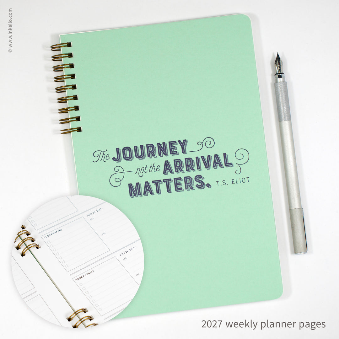 Weekly Planner with Mint Cover and T.S. Eliot Quote in Navy Ink (