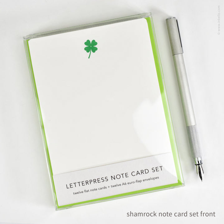 Flat Note Card Set with Green Lucky Shamrock (