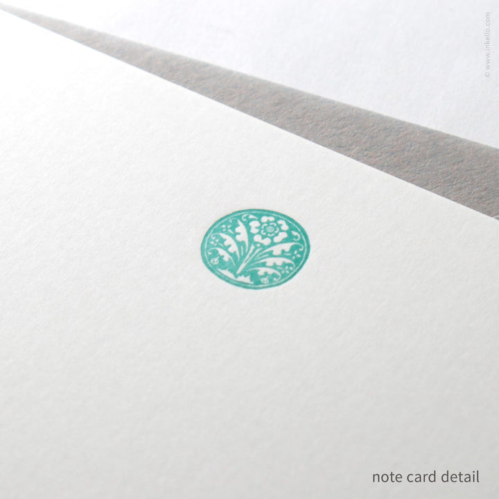 Flat Note Card Set with Vintage Aqua Floral Ornament (