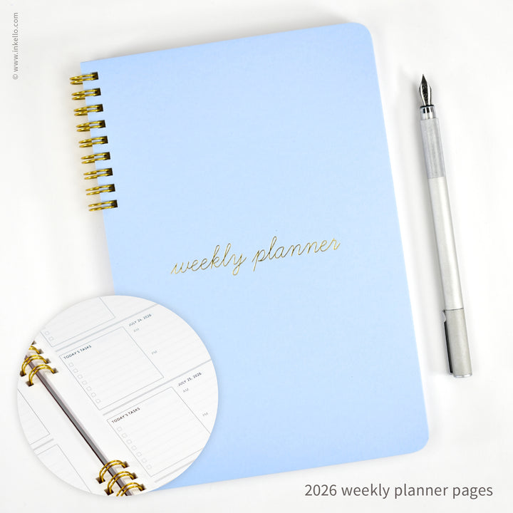 Weekly Planner with Bluebell Cover and School Cursive in Gold Foil (