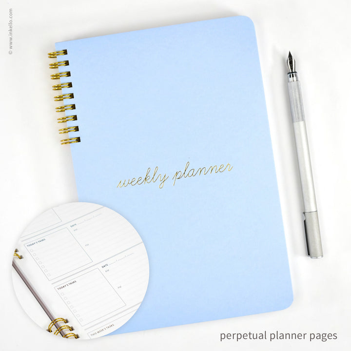 Weekly Planner with Bluebell Cover and School Cursive in Gold Foil (
