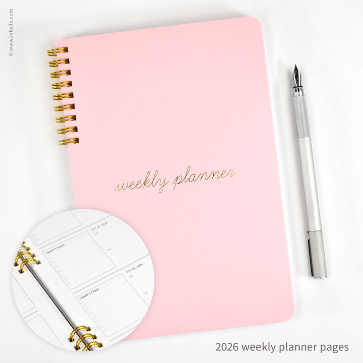 Weekly Planner with Cotton Candy Cover and School Cursive in Gold Foil (