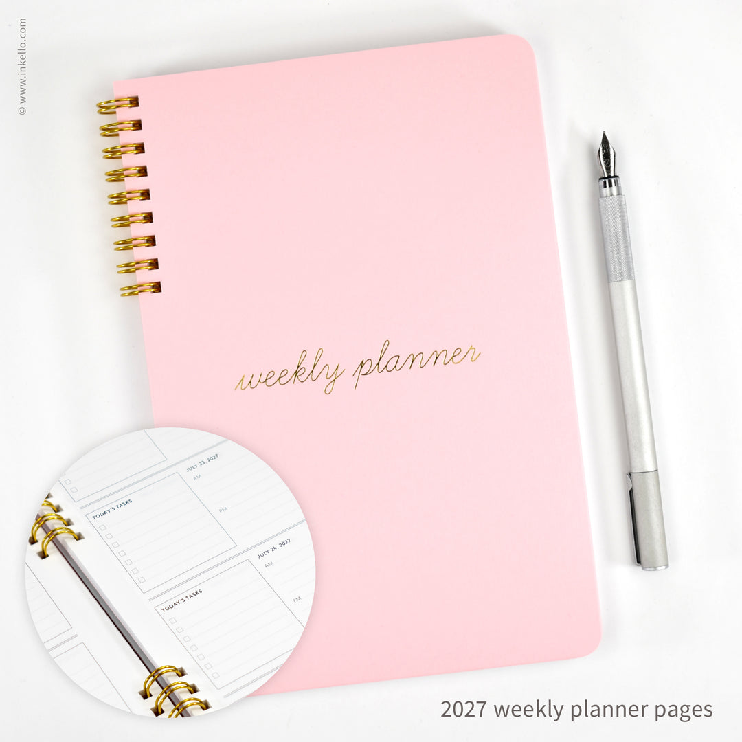 Weekly Planner with Cotton Candy Cover and School Cursive in Gold Foil (