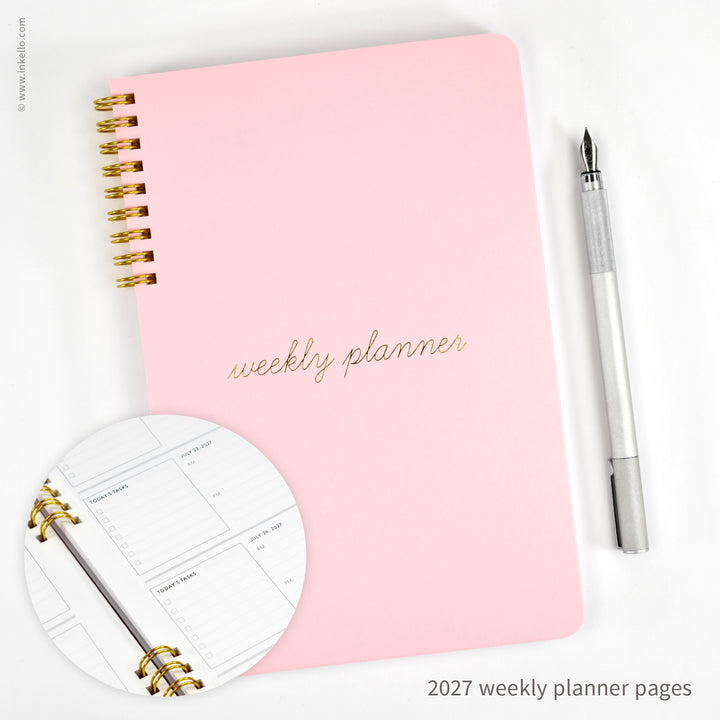 Weekly Planner with Cotton Candy Cover and School Cursive in Gold Foil (