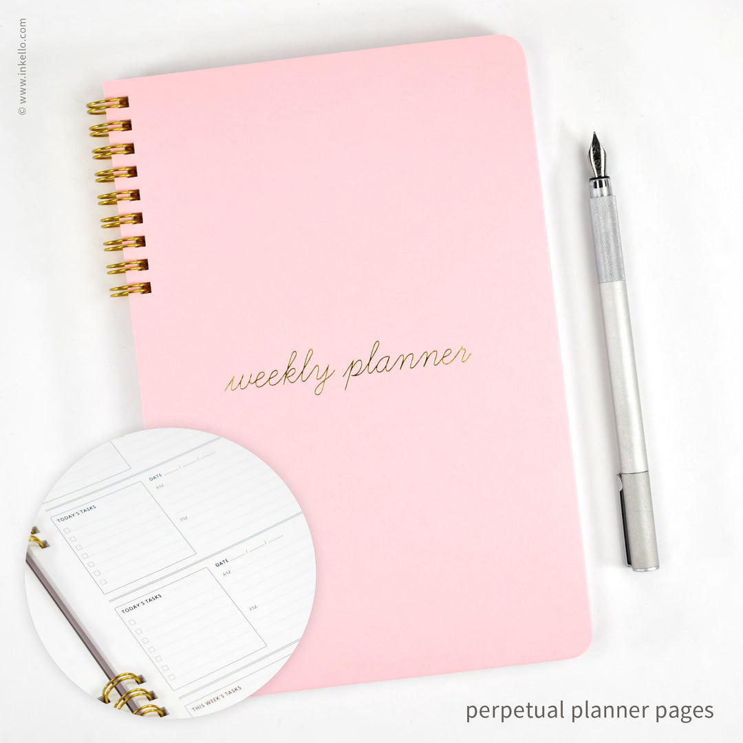 Weekly Planner with Cotton Candy Cover and School Cursive in Gold Foil (