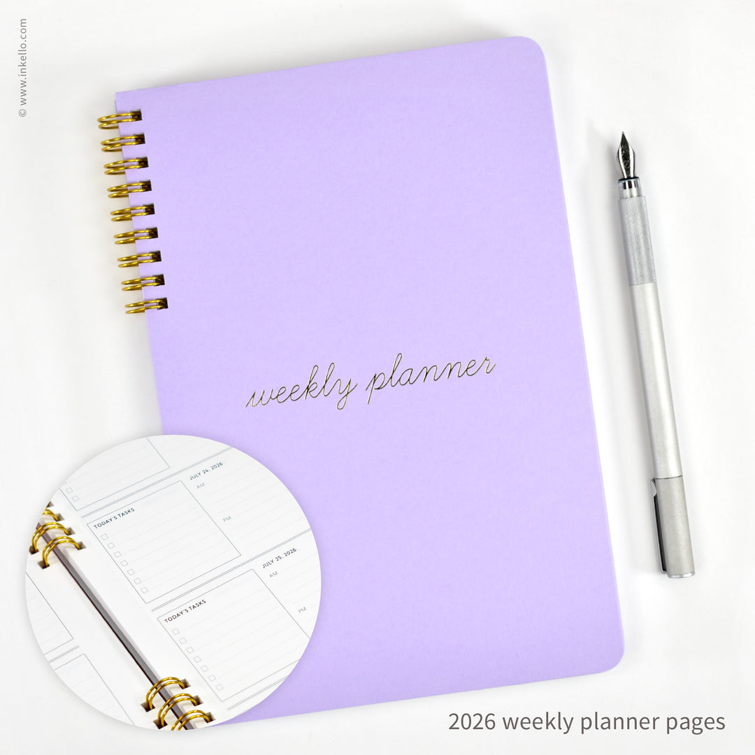 Weekly Planner with Lavender Cover and School Cursive in Gold Foil (