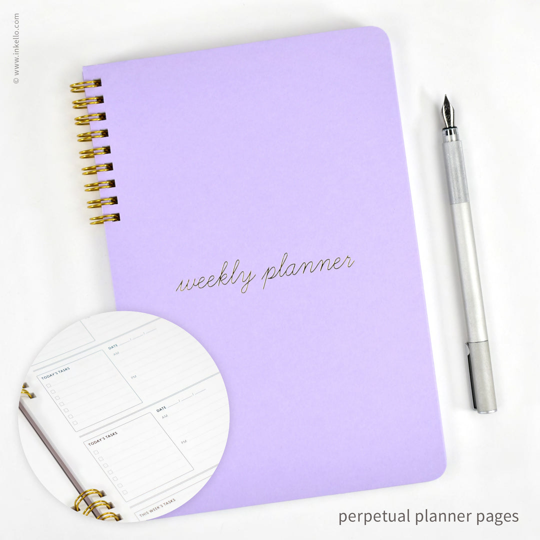 Weekly Planner with Lavender Cover and School Cursive in Gold Foil (