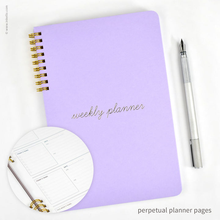 Weekly Planner with Lavender Cover and School Cursive in Gold Foil (