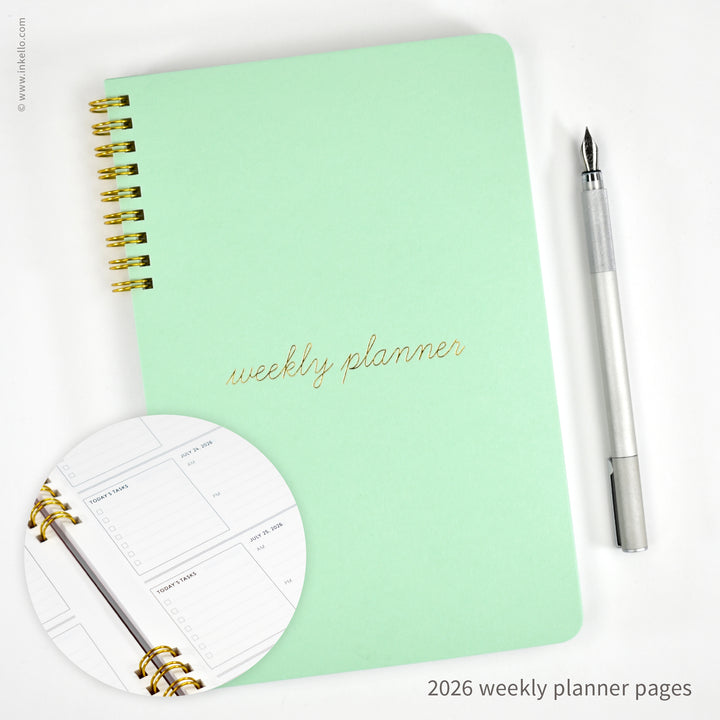 Weekly Planner with Mint Cover and School Cursive in Gold Foil (
