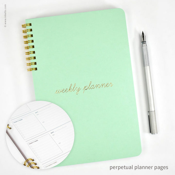 Weekly Planner with Mint Cover and School Cursive in Gold Foil (