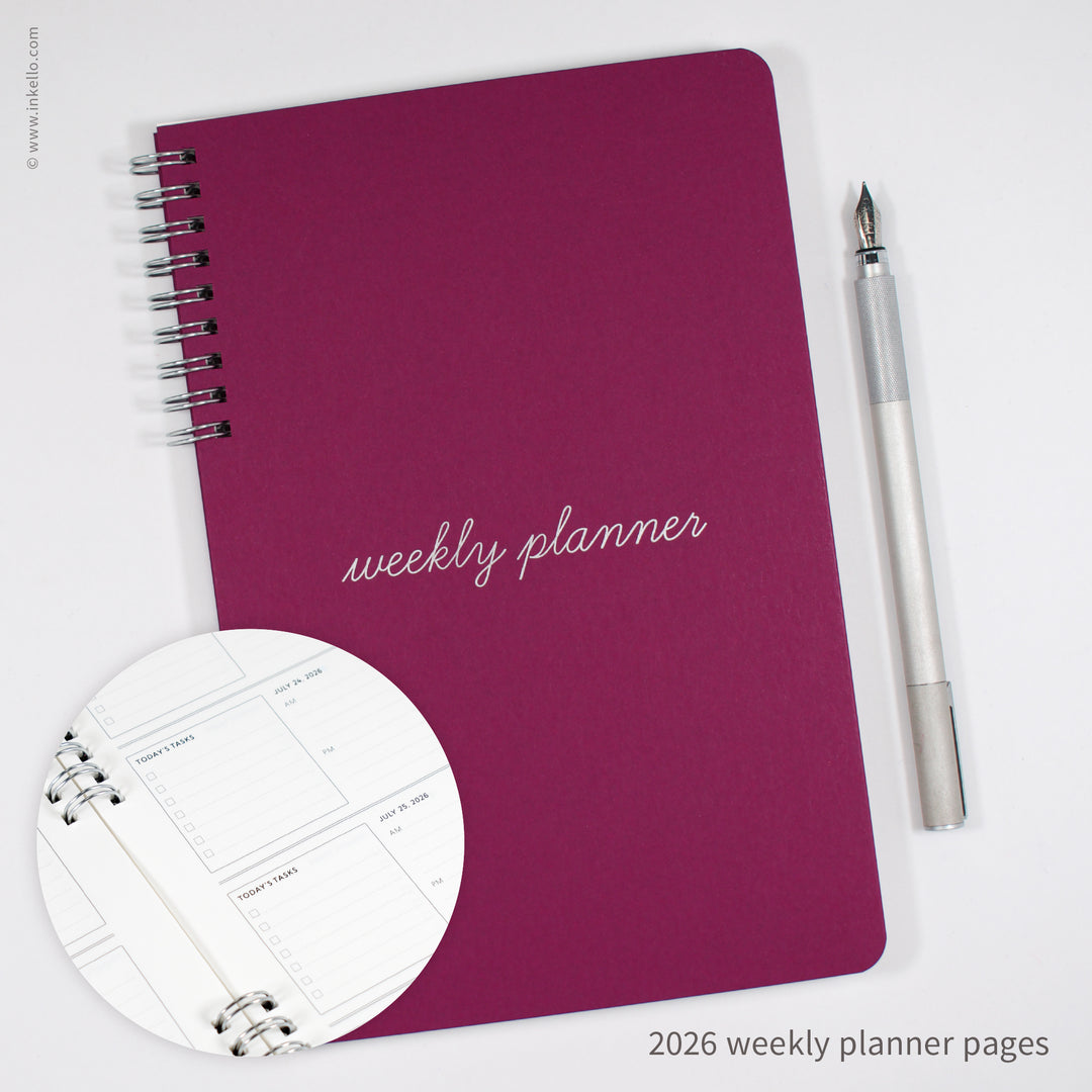 Weekly Planner with Mulberry Cover and School Cursive in Silver Ink (