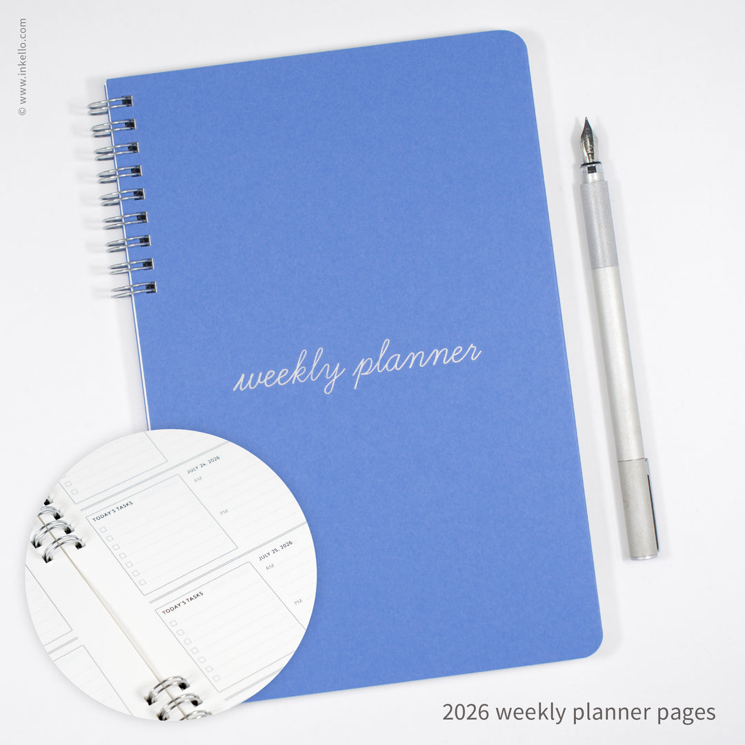 Weekly Planner with Periwinkle Cover and School Cursive in Silver Ink (