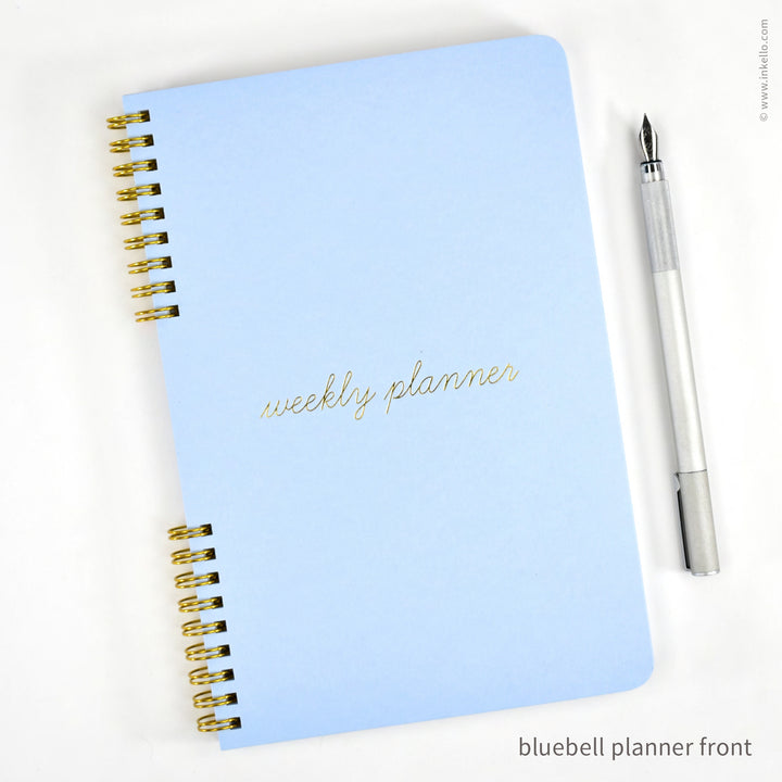 Weekly Planner with Bluebell Cover and School Cursive in Gold Foil (