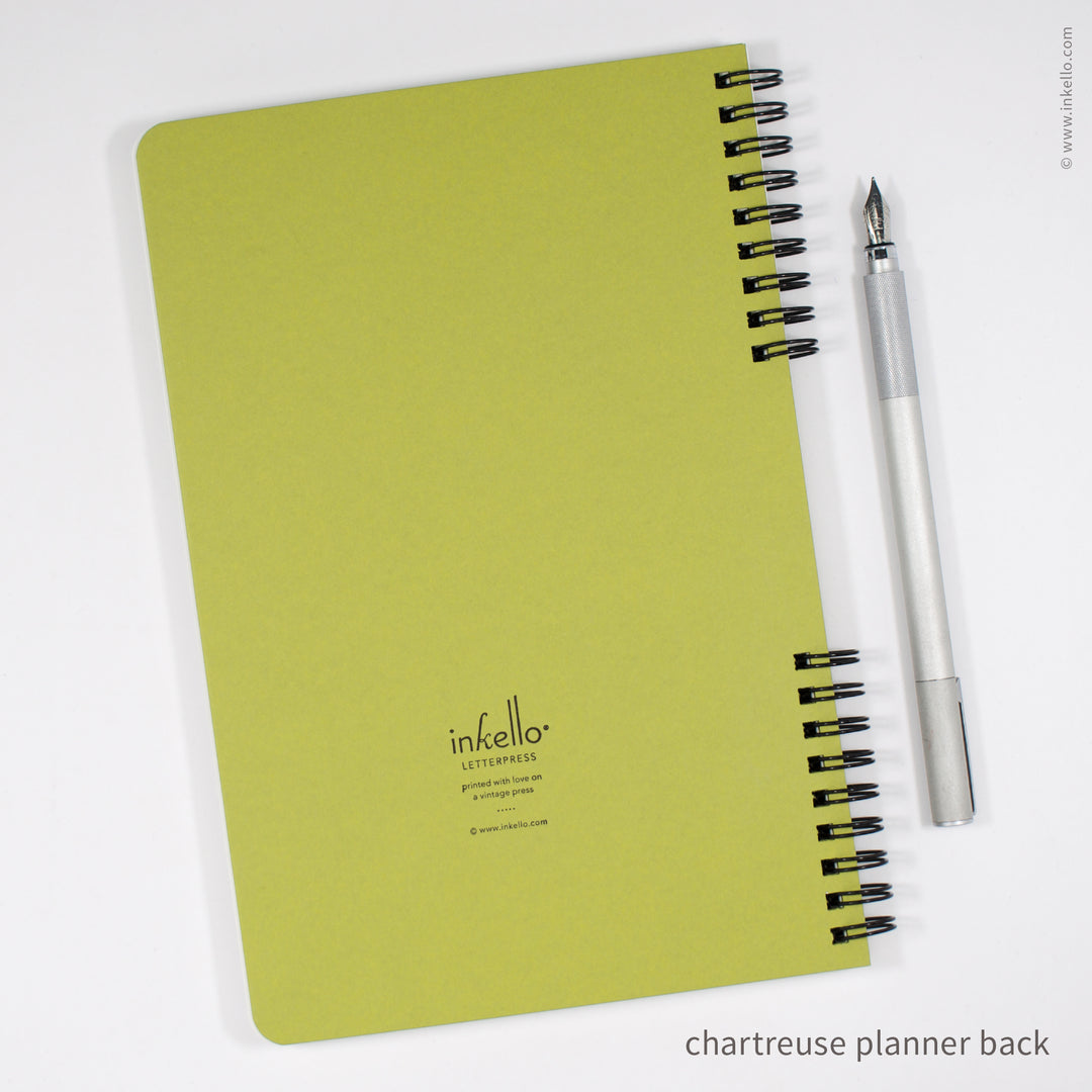 Weekly Planner with Chartreuse Cover and School Cursive in Black Ink (