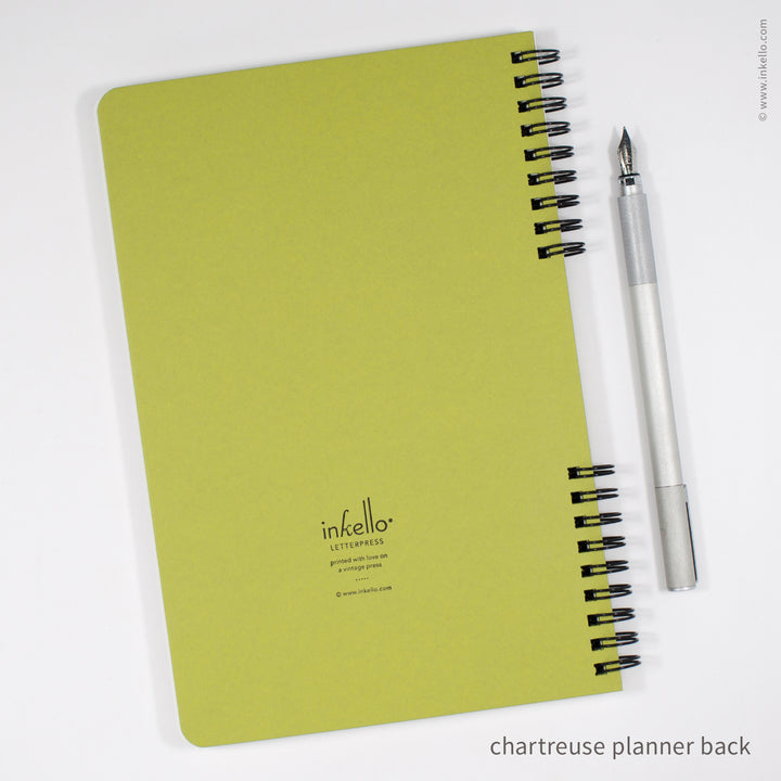Weekly Planner with Chartreuse Cover and School Cursive in Black Ink (