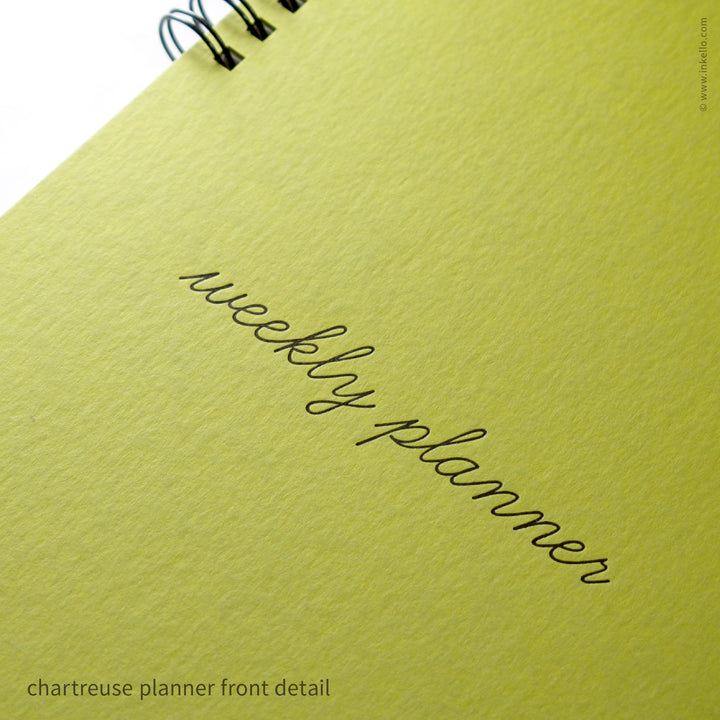 Weekly Planner with Chartreuse Cover and School Cursive in Black Ink (