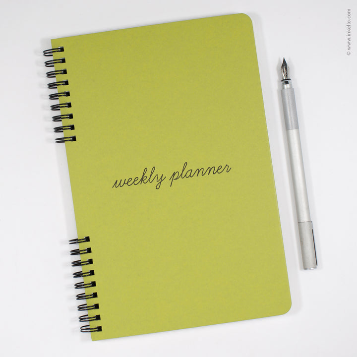 Weekly Planner with Chartreuse Cover and School Cursive in Black Ink (