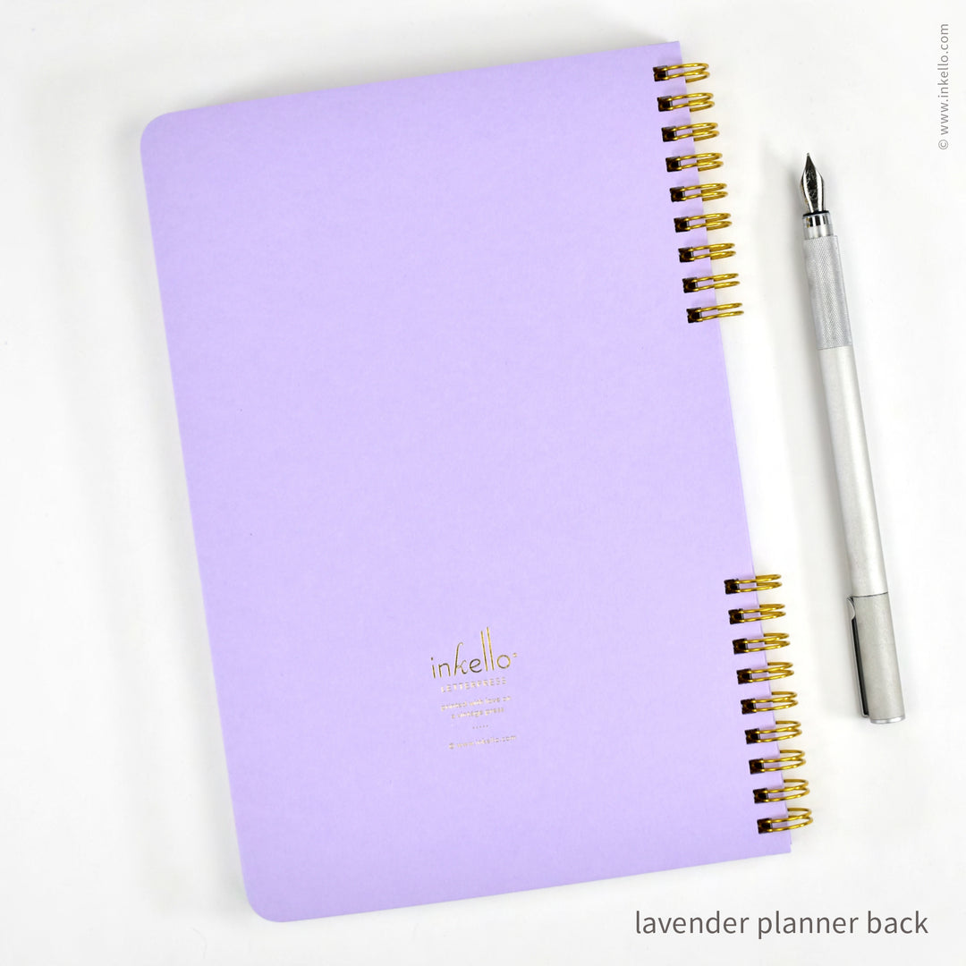 Weekly Planner with Lavender Cover and School Cursive in Gold Foil (