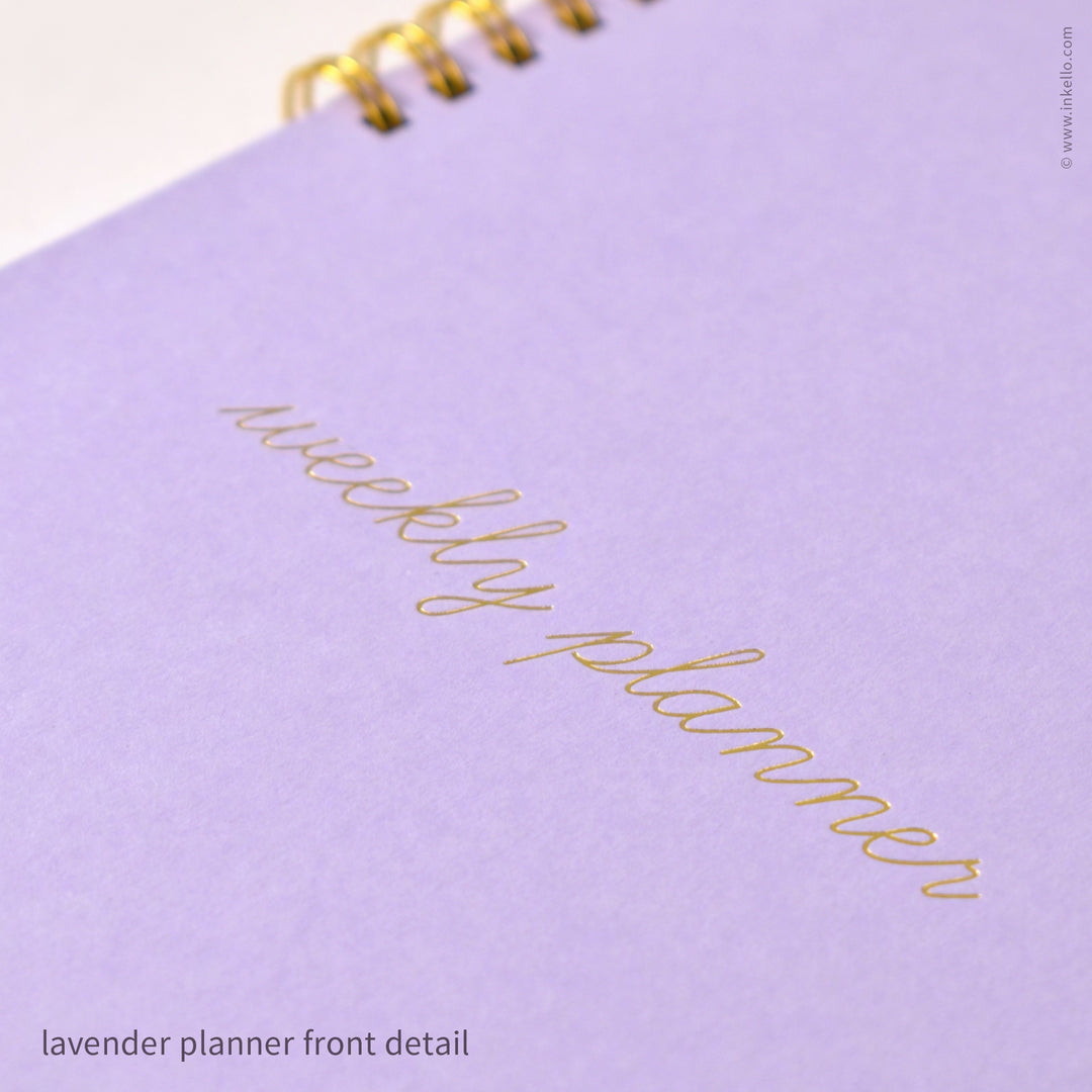 Weekly Planner with Lavender Cover and School Cursive in Gold Foil (