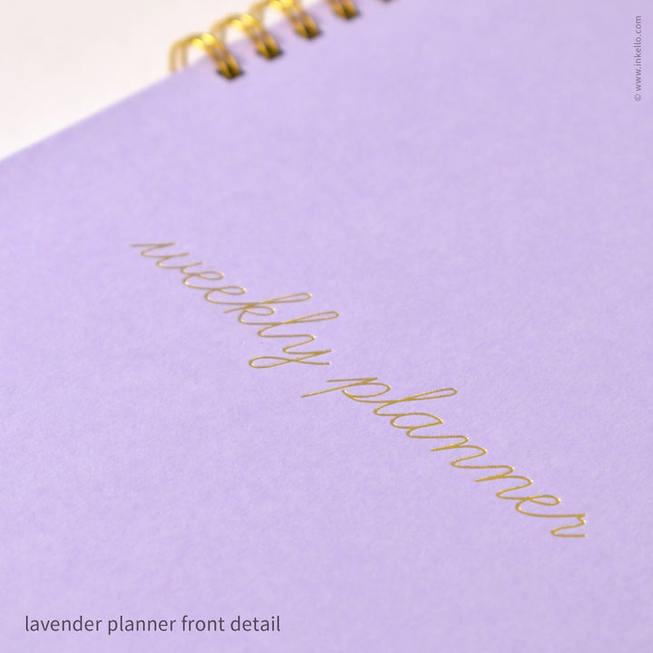 Weekly Planner with Lavender Cover and School Cursive in Gold Foil (